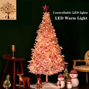 6ft Premium PVC Pink Artificial Christmas Tree with LED Lights, with Christmas Tree Ornaments and Star Topper, for Xmas Holiday Home Indoor Outdoor Decoration, Foldable Metal Stand