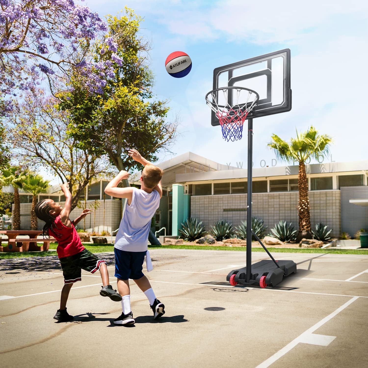 iFanze Basketball Hoop, 44'' Backboard 6ft 7.7in-10ft Height Adjustable, Portable Basketball Hoop System for Indoor Outdoor Use