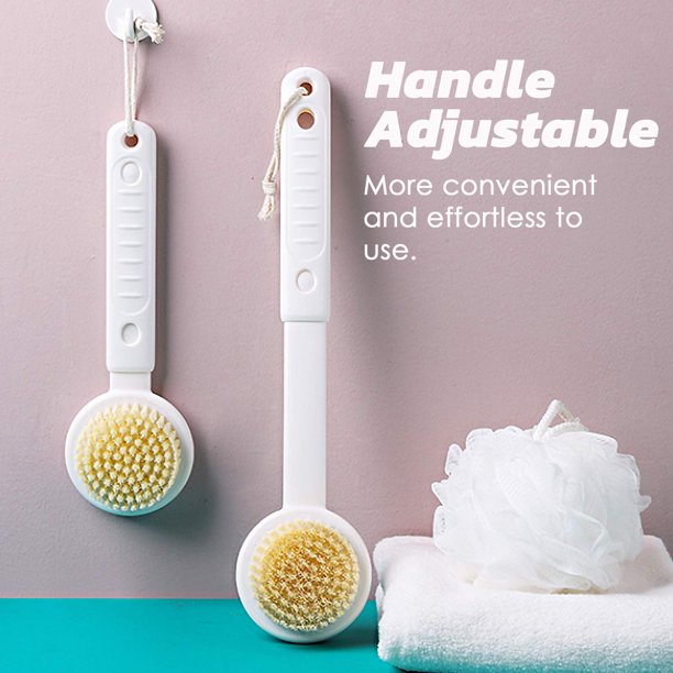 Bath Body Brush, Adjustable Long Handle Back Scrubber, Shower Brush with Soft and Comfy, Bristles Gentle Exfoliation Improve Skin's Health and Beauty Wet or Dry Brushing,white