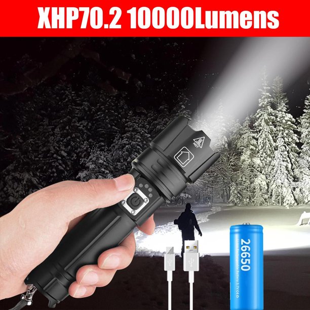 Doosl Tactical Flashlight Powerful 10000 Lumens, 5 Modes IPX5 Waterproof Super Bright P70.2 Bulb With USB Rechargeable 22650 Battery, Zoomable Torch for Emergency Hiking Hunting Camping