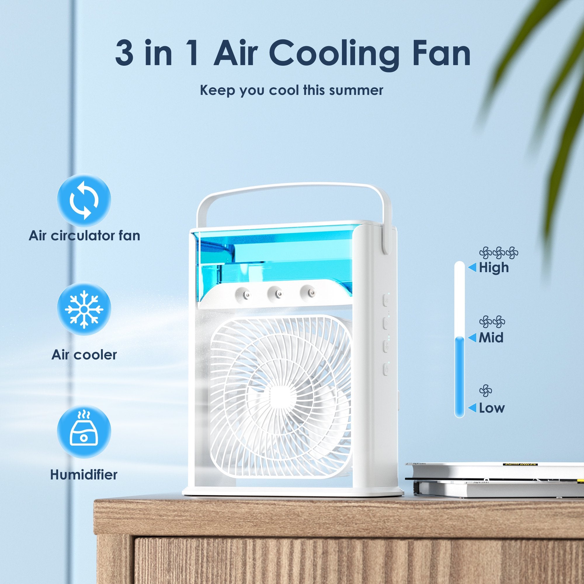 Doosl Personal Air Cooling Fan with 3 Adjustable Wind Speed & 7 Color LED Light, White