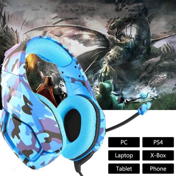 ONIKUMA Gaming Headset for PS4 New Xbox One PC Mac Laptop, Professional Over Ear Wired Gaming Headphones with Microphone Noise Reduction Deep Bass Surround Sound, Camouflage Blue
