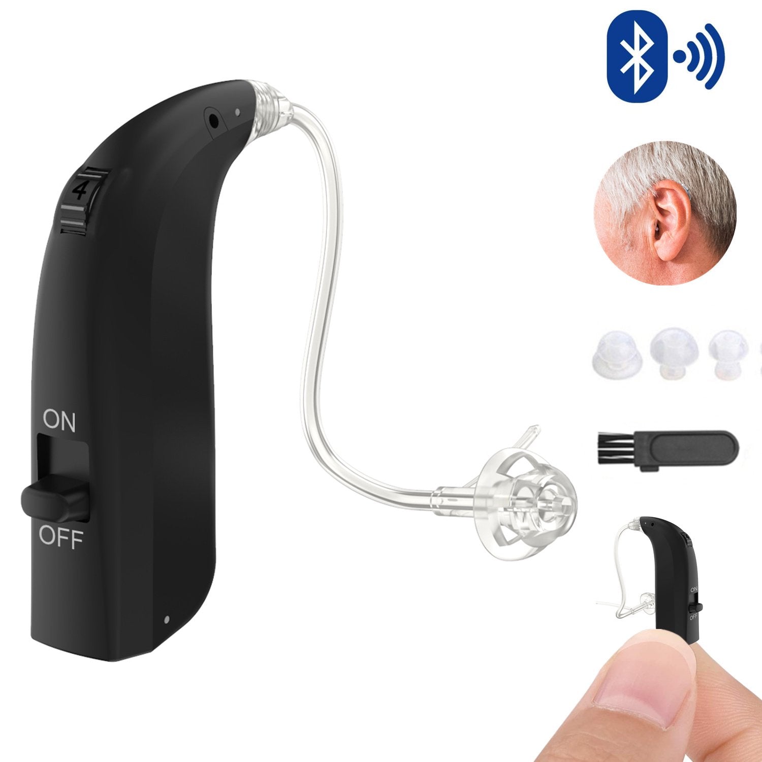 Doosl Bluetooth Hearing Aids, USB Rechargeable Hearing Amplifier with Noise Cancelling & 3 Adjustable Modes, Personal Hearing Assist for Seniors Adults, Black, 1 Pack