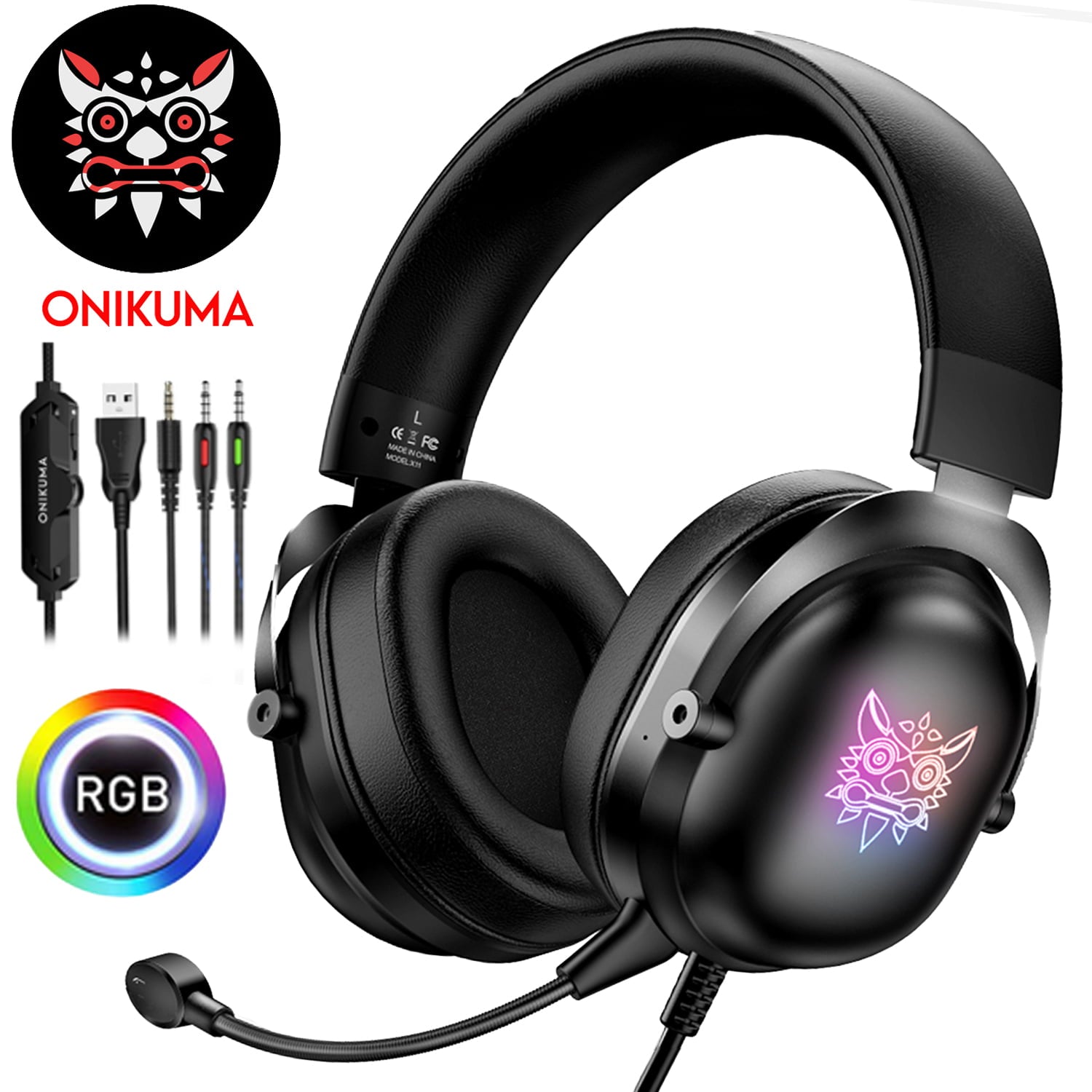 Gaming Headset with Microphone, ONIKUMA Stereo Surround Sound Gaming Headphones, Noise Cancelling RGB Headsets for Xbox One, PS5, Nintendo Switch, PC, Laptop, Mobile, X11
