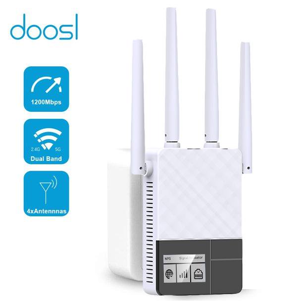 Doosl WiFi Range Extender, Dools WiFi Wall Plug Range Extender and Signal Booster, 1200Mbps, Cover up to 2500 sq.ft, 2.4 & 5GHz Dual Band, 4 Antennas Wireless Internet Amplifier for Smart Home Devices