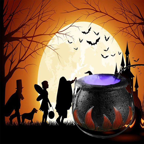 Halloween Black Cauldron Mist Maker Fogger, Smoke Fog Machine with 12 LED Color Changing for Halloween Party