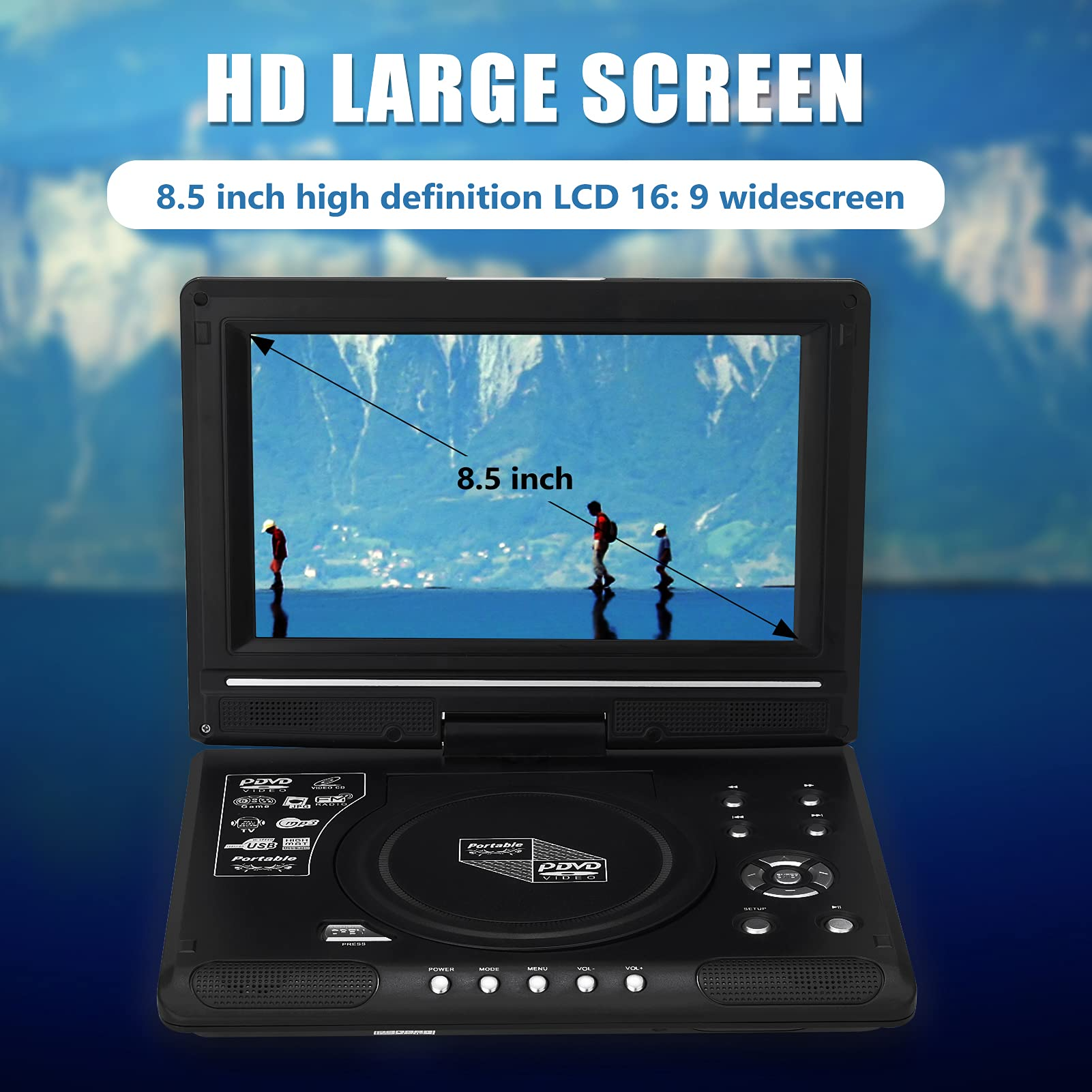 Doosl Portable DVD Player with 8.5" HD Swivel Screen and Remote Control, Support FM Radio, Black