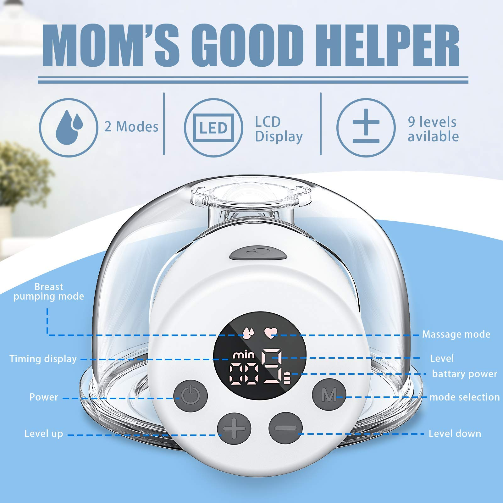 2PCS Breast Pump,Wearable Breast Pump,Electric Hands Free Breast Pumps with  2 Modes,9 Levels,LCD Display,Memory Function Rechargeable Double Milk  Extractor with Massage Pumping Mode-24/27mm Flange 