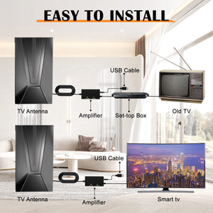 TV Antenna, Amplified HDTV Digital Antenna Long 400+ Miles Range, Indoor/Outdoor Smart Amplified Signal Booster, for Free Channels 4K HD 1080P VHF UHF, 33ft Coax Cable