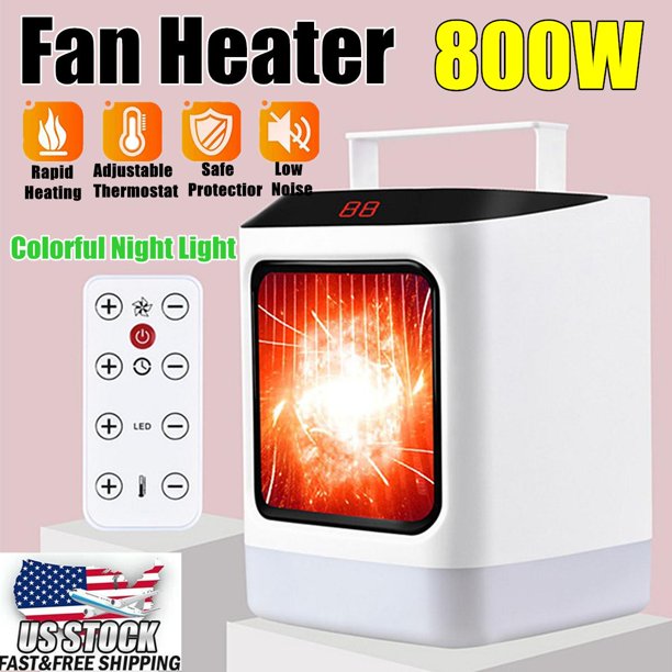 Space Heater,800W Mini Portable Electric Heater, Desktop Heater with Timing Function, 2 Heating Setting, LED Lights for Office, Bedroom, Kitchen,White
