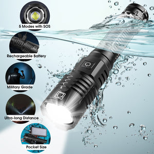 Rechargeable LED Flashlight, 90000 Lumens Zoomable Waterproof Flashlight with Battery Super Bright 6 Modes USB Charging for Camping Emergencies