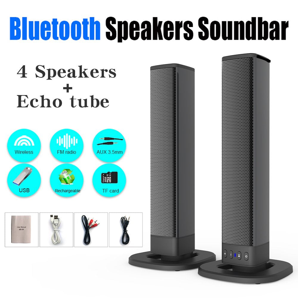Doosl Sound Bar for TV, 20-inch Bluetooth 5.0 Wireless TV Speaker with 4 Built-in Subwoofers, FM Radio, Soundbar for Home Theater, Separatable, Black