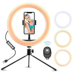 Xpreen 10 Inch LED Ring Light with Extendable Tripod Stand and Phone Holder Dimmable Desk Makeup Ring Light with 3 Light Modes & 10 Brightness Level Used for real-time streaming and YouTube video photography