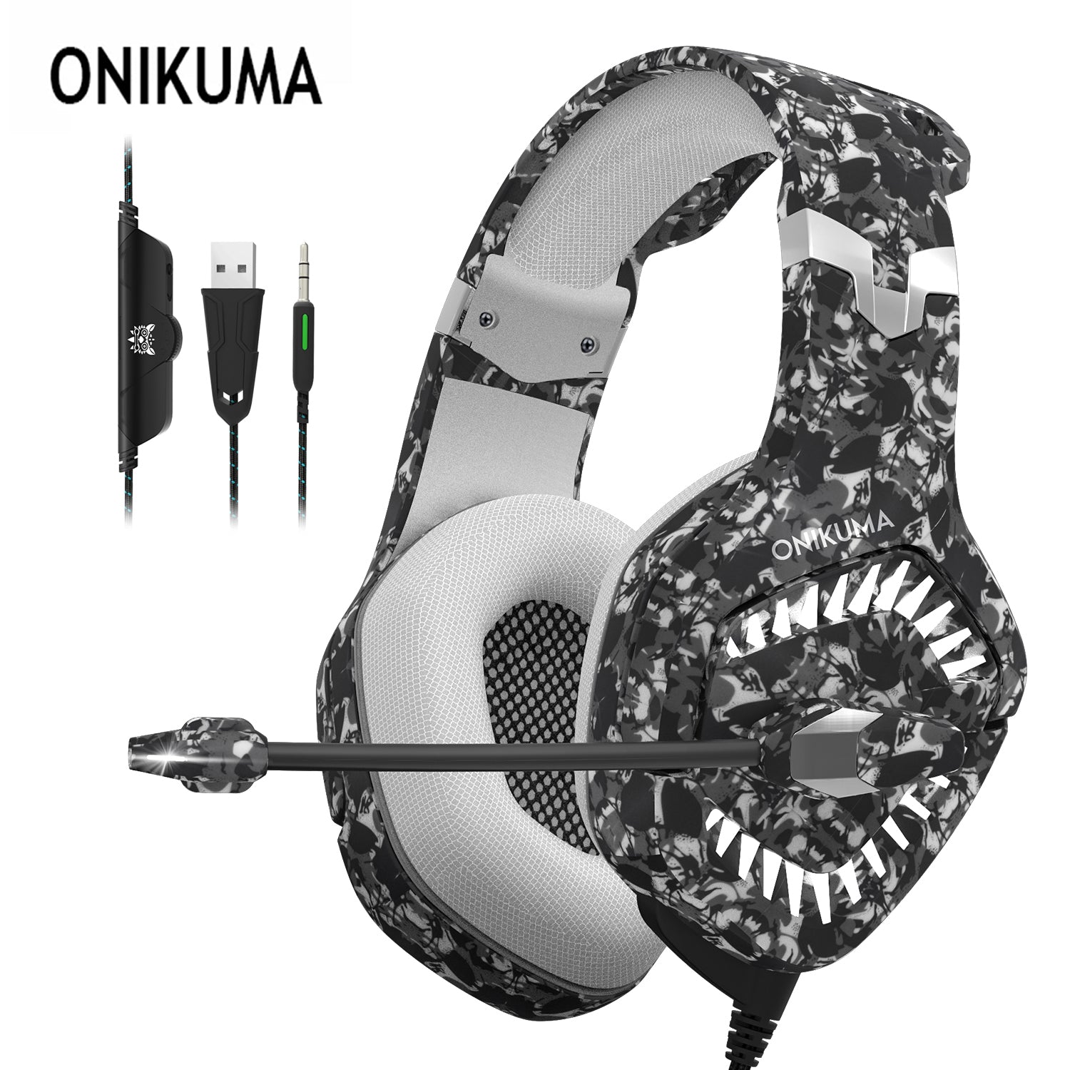 Gaming Headset, ONIKUMA K1B Pro Camo Elite Stereo Gaming Headset, Noise-canceling with Mic LED Lights Earphone for PS4, Xbox, PC and Switch, Grey