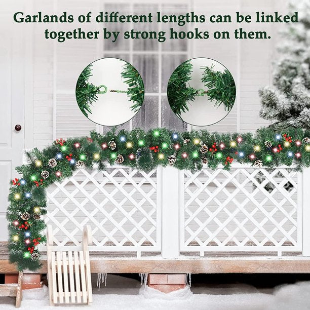 Vinmall 8.86 FT Pre-Lit Christmas Garland with Lights for Outdoor Indoor Decor