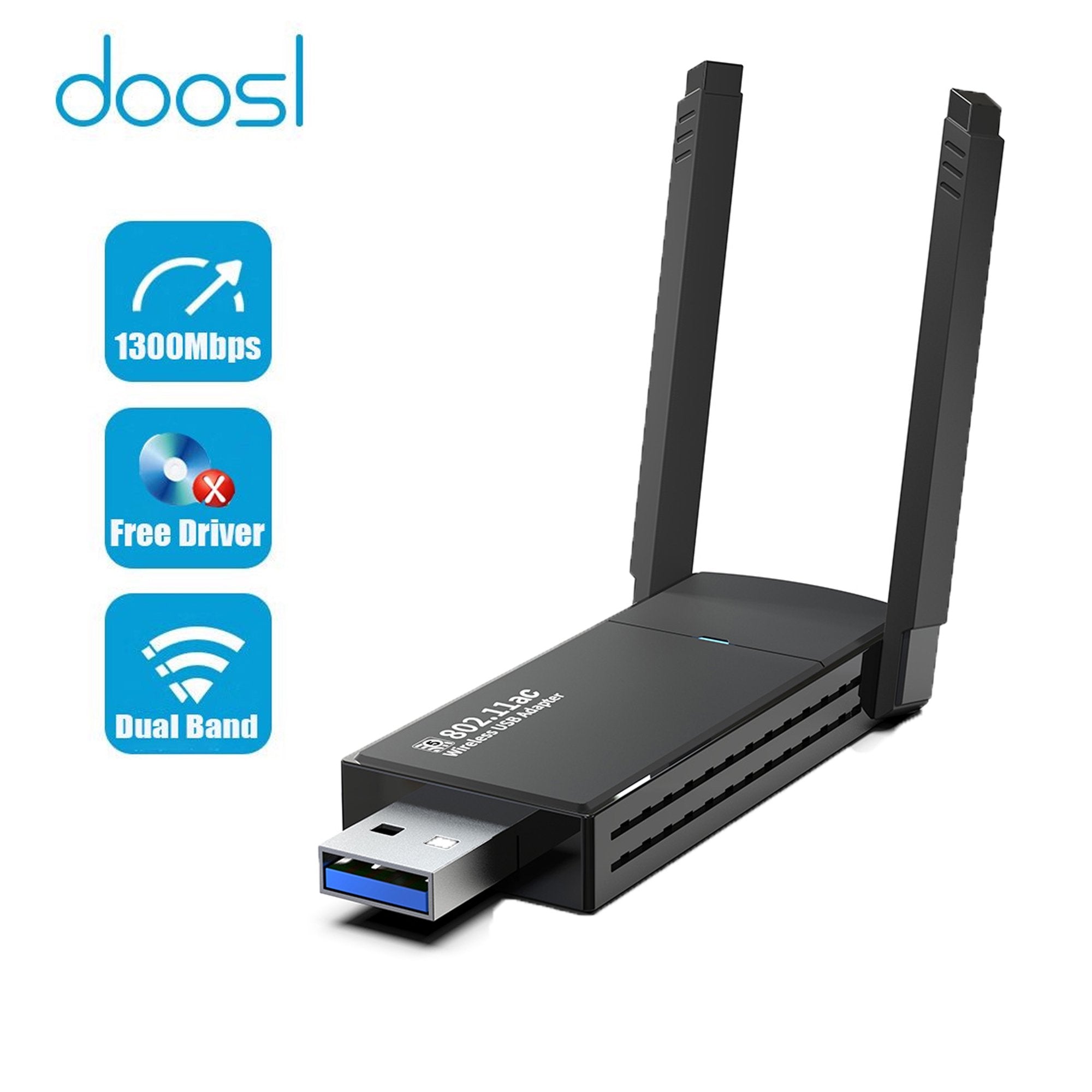 Driver-Free USB WiFi Adapter, Doosl AC1300Mbps Dual Band 5dBi High Gain Antenna 2.4GHz/ 5GHz Wireless Network Adapter for Desktop PC, Support Win11/10/8/7/XP