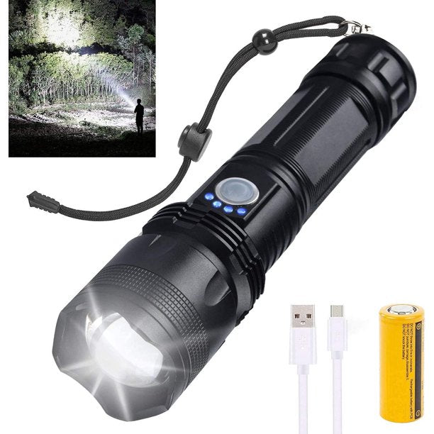 Tactical Flashlight Powerful 10000 Lumens, 5 Modes IPX5 Waterproof Super Bright P70.2 Bulb With USB Rechargeable 22650 Battery, Zoomable Torch for Emergency Hiking Hunting Camping