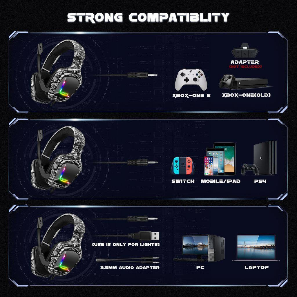 K20 Gaming Headsets for PS5 PS4 Xbox One PC Mac Mobile Gaming Headphones, ONIKUMA Camouflage Wired Headset with 3D Surround Sound and Bass Stereo, RGB Lights & Noise-Cancelling Microphone