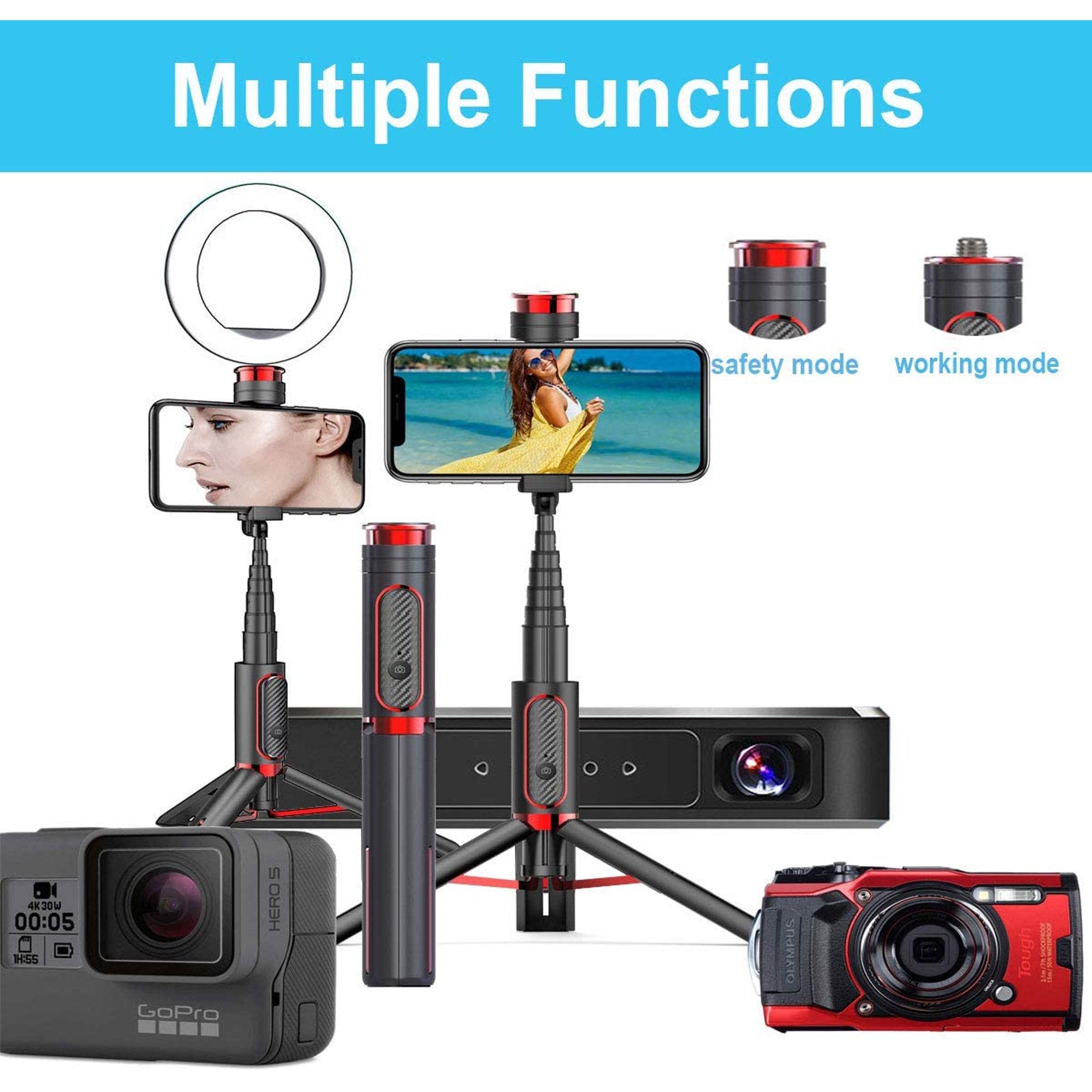 Selfie Stick Tripod, All in One Extendable Tripod Stand with Detachable Bluetooth Remote, Lightweight Aluminum Selfie Stick for iPhone 11/XS MAX/X/8/8 Plus, Galaxy S10/S9/S9 Plus, Huawei and More