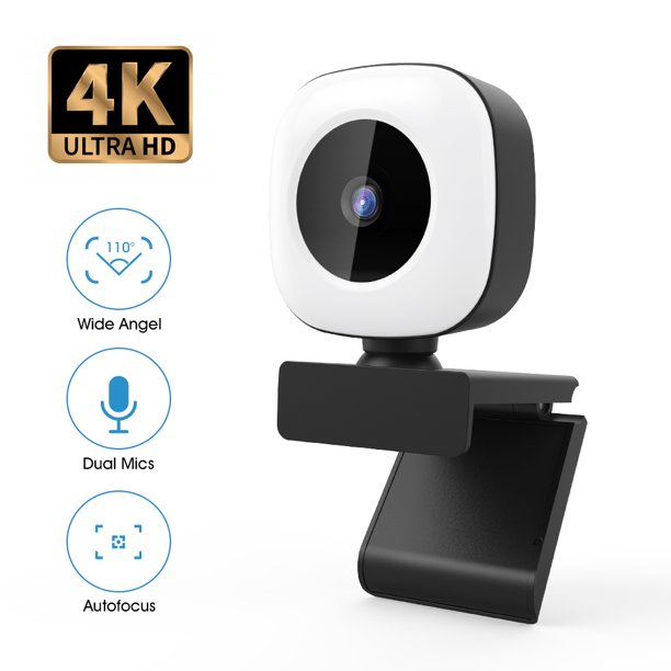 Webcam with Microphone and Ring Light, 4K Webcam Autofocus Web Camera, USB Webcam for Laptop PC, Streaming Webcam for Zoom, Skype, Facetime, youTube, OBS, Gaming, Video Calling and Recording