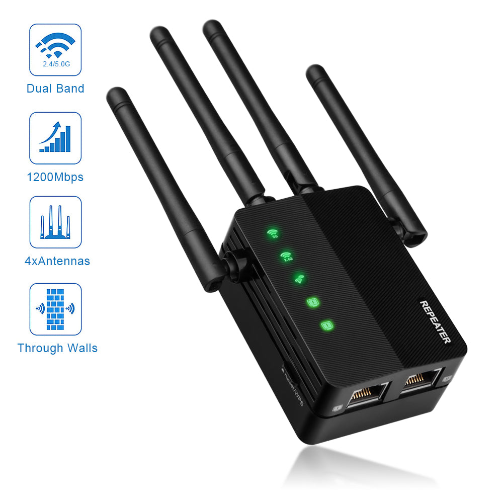iFanze AC1200 WiFi Range Extender with Ethernet Port Dual Band Wall Plug Signal Booster 4 Antennas