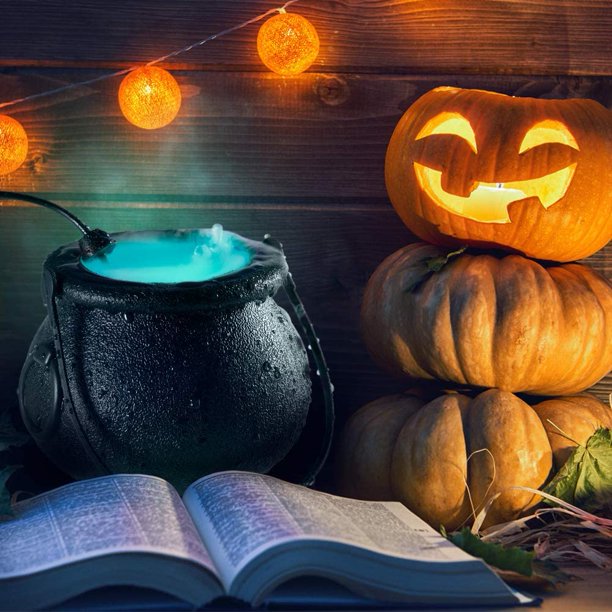 Halloween Witch Cauldron Mist Maker 12 LED Color Changing Fogger Mist Maker Mini Candy Cauldron Decor (Black)