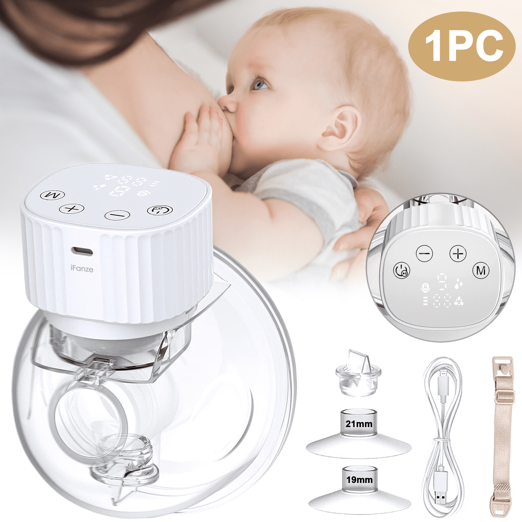 iFanze Wearable Breast Pump, 3 Modes & 9 Levels Wireless Hands Free Electric Breast Pump, 19/21/25mm