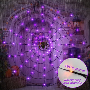 Halloween Spider Web Light with Black Spider, Purple 3.93 FT 8 Mode 80 LED Spider Web Lights Battery Operated, Suitable for Party, Yard, Indoor Outdoor Halloween Decoration