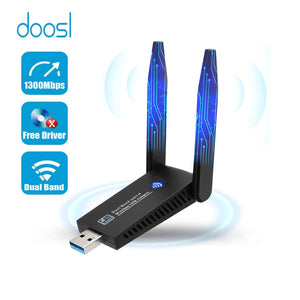 Doosl USB WiFi Adapter, CD Driver-Free AC 1300Mbps Dual Band 5dBi High Gain Antenna 2.4GHz/ 5GHz Wireless Network Adapter for Desktop PC, Support Win11/10/8/7/XP/Mac iOS, Include Free U Disk