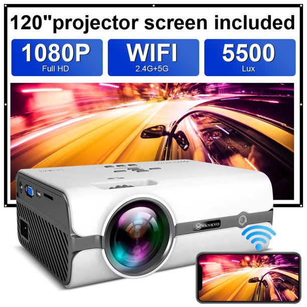 Doosl Portable Smart Projector with 120inch Projector Screen, 1080P Supported Bluetooth WiFi Mini Projector with Synchronize Smartphone Screen