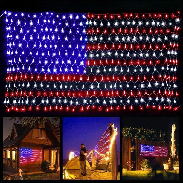 Twinkle Star American Flag Patriotic Lights, Outdoor Lighted USA Flag Light String Waterproof Hanging Ornaments for Independence Day, July 4th, National Day, Memorial Day