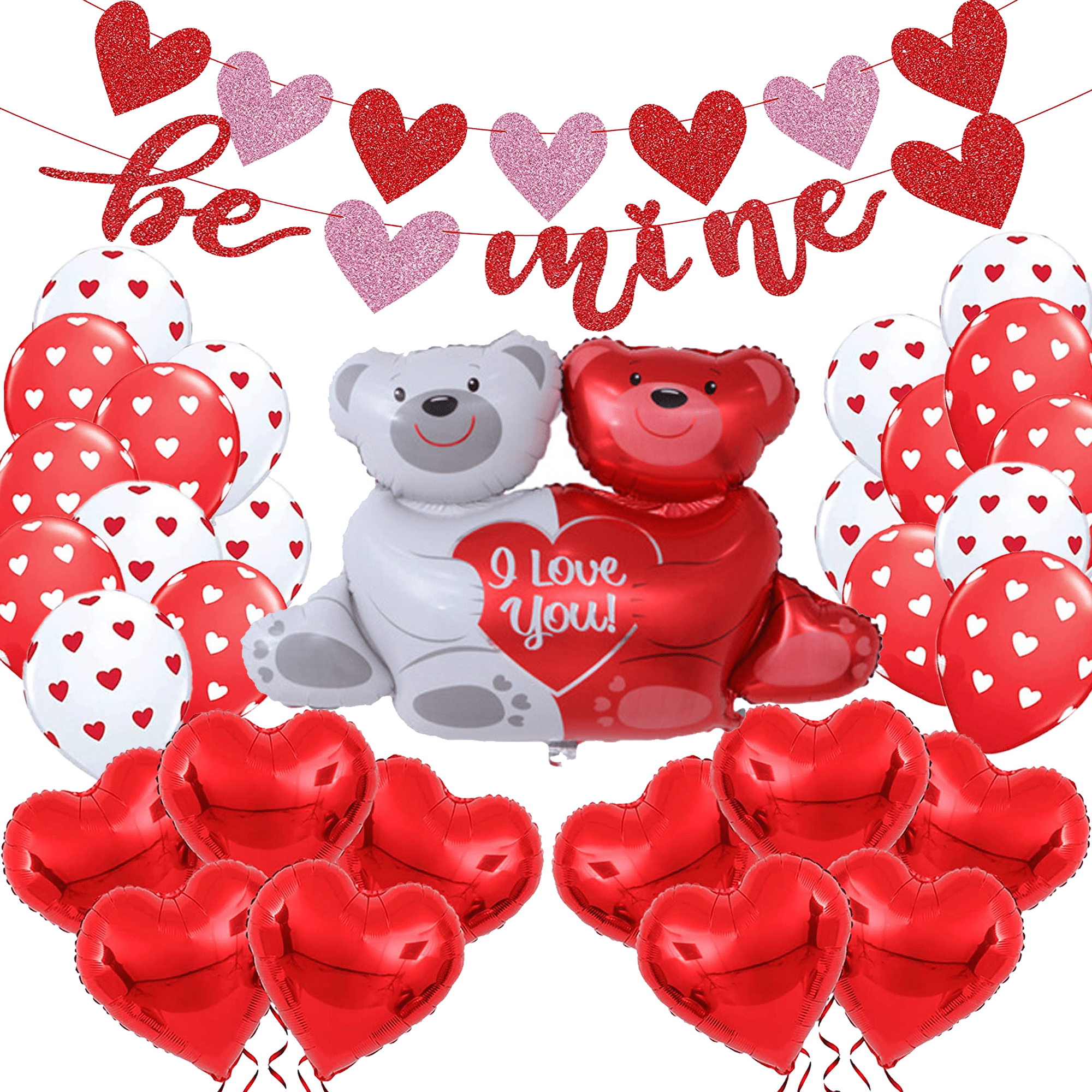 Red Heart Balloons Set, 33 Pack Balloons Set with Be Mine Banner Love Bear I Love You Balloons for Romantic Decorations Special Night Wedding Party Proposal Decorations