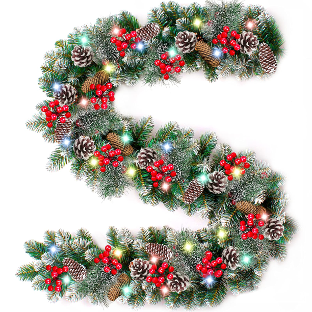 Cooseas Artificial Christmas Garland Flocked with Mixed Decorations and LED Color Lights Frosted Berry Faux Vine Lights, 9 ft