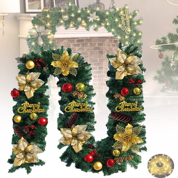 9 ft Pre-Lit Christmas Garland with Gold Flowers, Xmas Garland with Color Lights, Snowy Bristle Pine Artificial Christmas Decoration Indoor Home Fireplace Front Door (Battery Not Include)