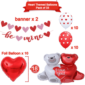Red Heart Balloons Set, 33 Pack Balloons Set with Be Mine Banner Love Bear I Love You Balloons for Romantic Decorations Special Night Wedding Party Proposal Decorations