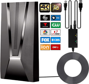 TV Antenna, Amplified HDTV Digital Antenna Long 400+ Miles Range, Indoor/Outdoor Smart Amplified Signal Booster, for Free Channels 4K HD 1080P VHF UHF, 33ft Coax Cable