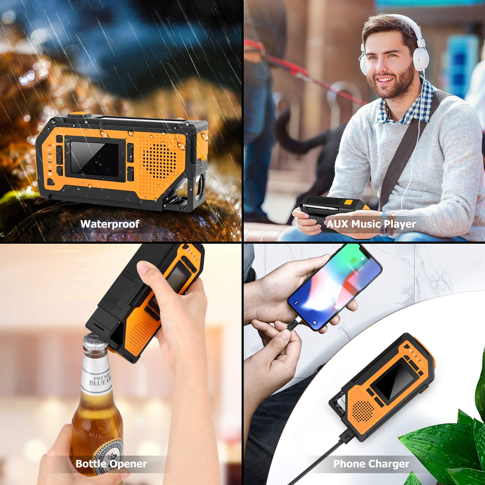 Doosl Emergency Weather Radio, FM/AM/NOAA Hand Crank Flashlight Solar Radios with Cell Phone Charge, SOS Alarm (Orange)