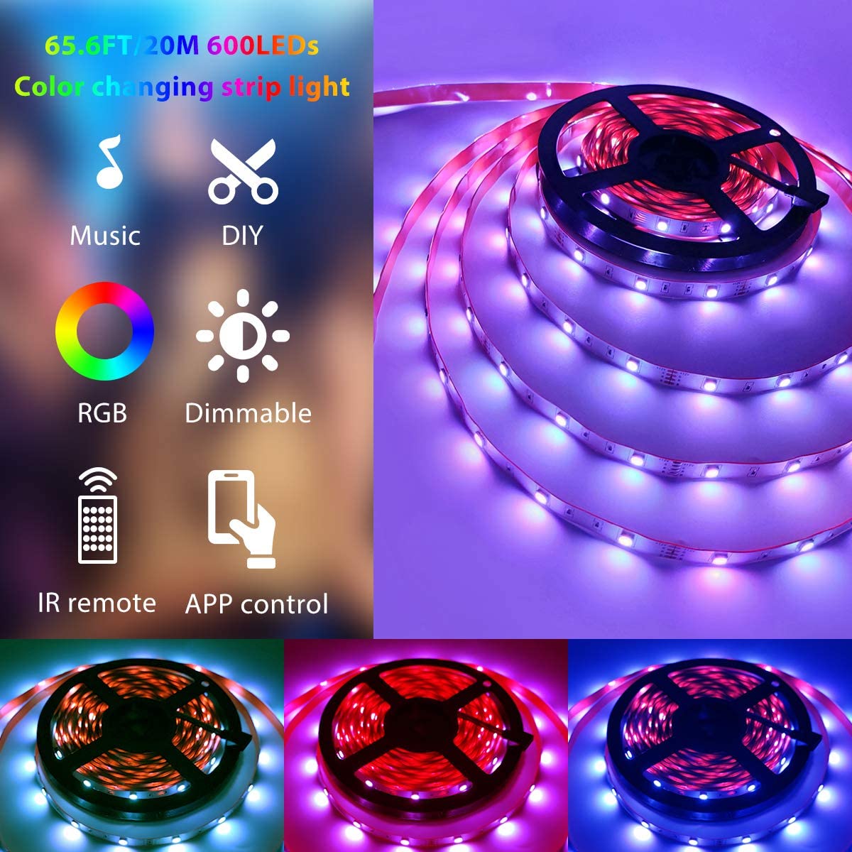 Laighter Led Strip Lights for Bedroom, 16.4 ft Smart Led Light Strip Music Sync with Upgraded 40 Keys Remote & App Control, Flexible DIY, RGB Color Changing, Tape Lights for Party Home