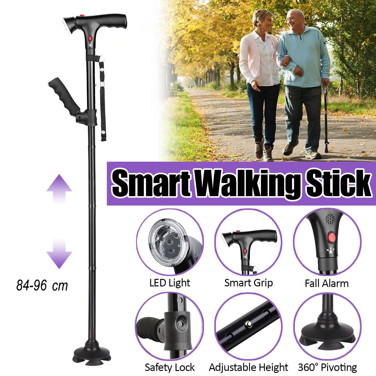 Vinmall Walking Canes for Men & Women, Folding Canes with LED Flashlight, Fall Alarm, Heavy Duty, Pivot Tip, Foldable Walking Sticks for Seniors & Adults Balance