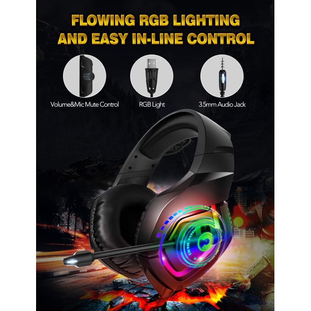 K1-B Gaming Headsets for PS4, Wired Gaming Headphones with Noise Canceling Mic & RGB Light, 7.1 Surround Sound, Compatible with PS5, Xbox One, PC, Laptop, Nintendo Switch, Mac, Mobile