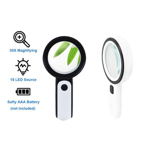 Magnifying Glass with Light，30X Handheld Large Magnifying Glass 18 LEDs Luminated Cold and Warm Lighted Magnifier for Seniors Reading, Coins, Stamps, Inspection