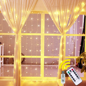 Fairy Curtain String Lights, 9.8 x 9.8 ft Curtain of String Lights with Remote Control, 300 LED Indoor Outdoor Decorative Christmas Twinkle Lights for Bedroom, Patio, Party Wedding(Warm White)