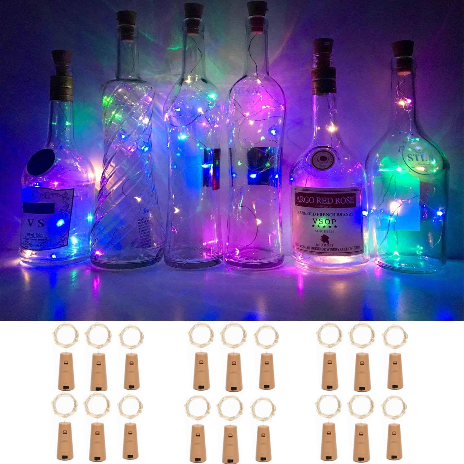 Wine Bottle Lights with Cork Christmas Lights 20 LED 18 Pack Fairy Lights Waterproof Battery Operated Cork String Lights for Jar Party Wedding Christmas Festival Bar Decoration(9 Colors)