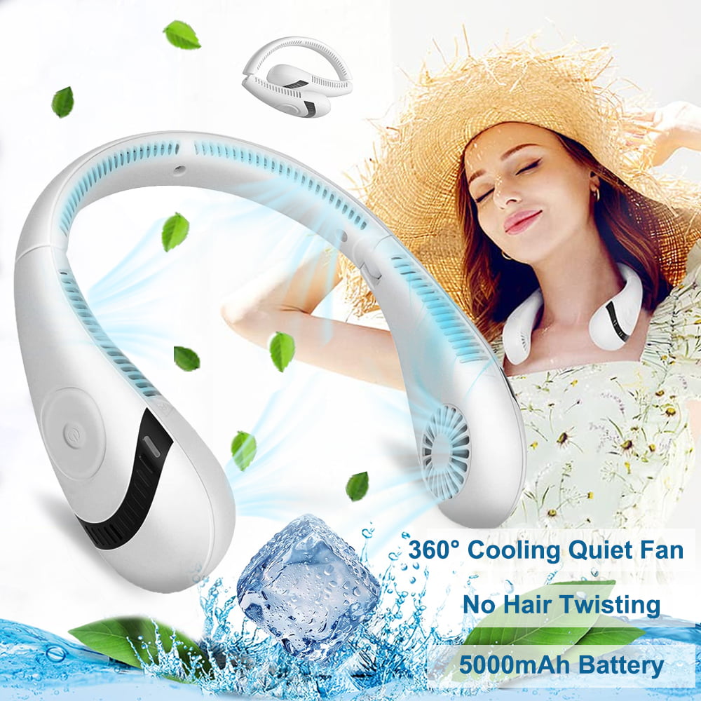 Portable Neck Fan, Hands Free Bladeless Neck Fan , 360° Cooling Personal Mini Foldable Neck Air Conditioner with 3 Speeds 5000mAh Rechargeable Quiet Fan for Travel Outdoor, White