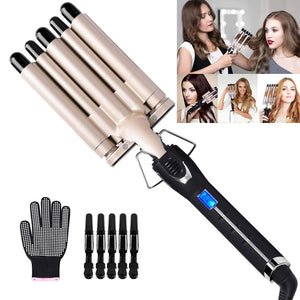iFanze Travel Size 0.5" Tourmaline Ceramic Multi Functional 5 Barrel Crimper, Waver & Curling Iron with LCD Temperature Display, Beige