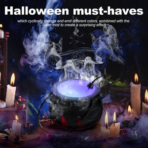 Halloween Smoke Machine with 12 LED Color Changing Cauldron Shape Witch Pot with Mist Maker Fogger Holiday Party Witch Jar Decoration Prop