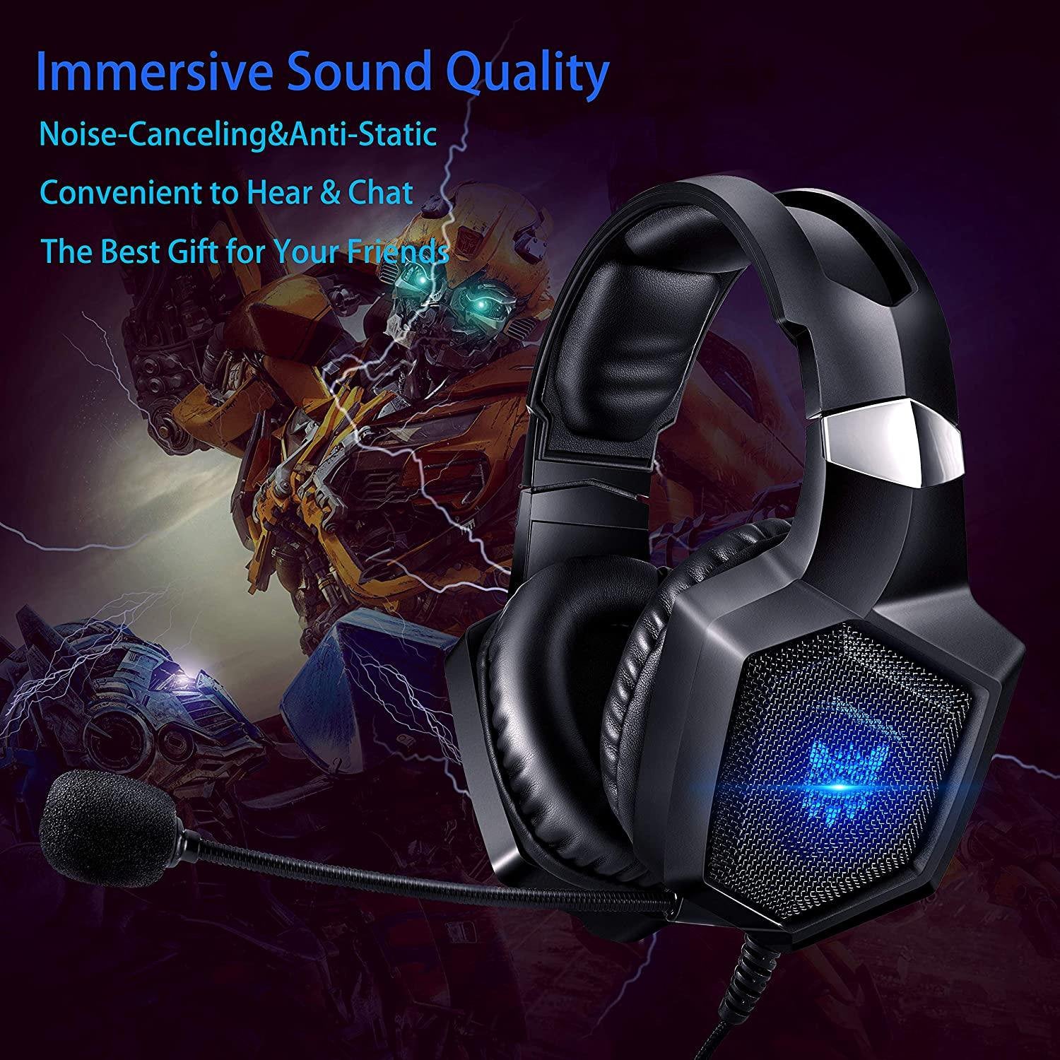 ONIKUMA K8 Gaming Headsets, Surround Stereo Sound Gaming Headphones with Flexible Mic LED Lights, Over-Ear Noise Cancelling Headsets for PS4, Xbox One, PS5, Nintendo Switch, PC, Mac, Mobile