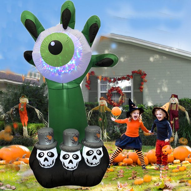 6 Ft Halloween Inflatable, Monster Hand Catches Eyeball with Skull Built in LED Lights Decor Outdoor Indoor Holiday Decorations, Blow up for Yard Garden Home Halloween Decor, Green