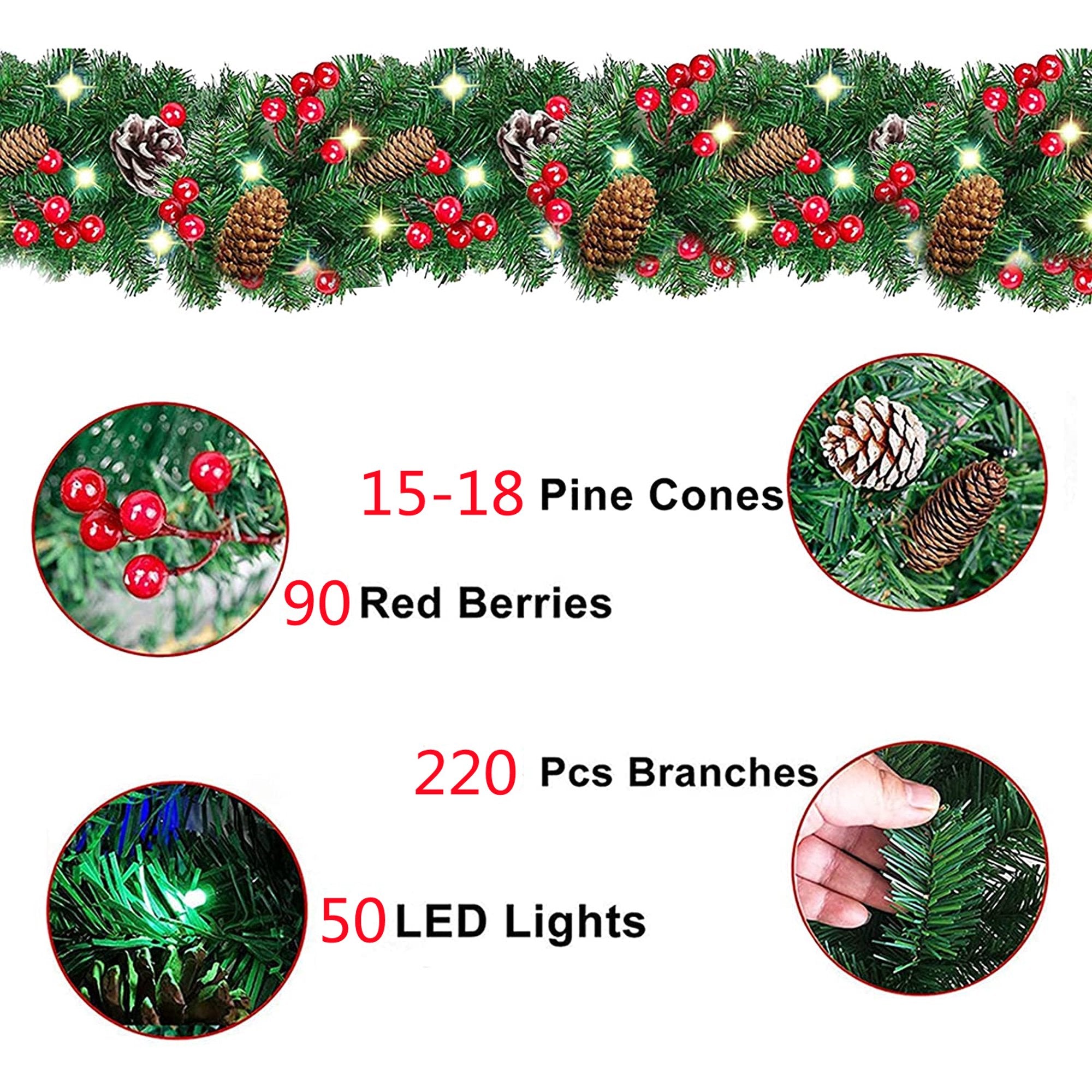 Vinmall Pre-lit Christmas Garland with LED Lights, Pinecones and Red B ...