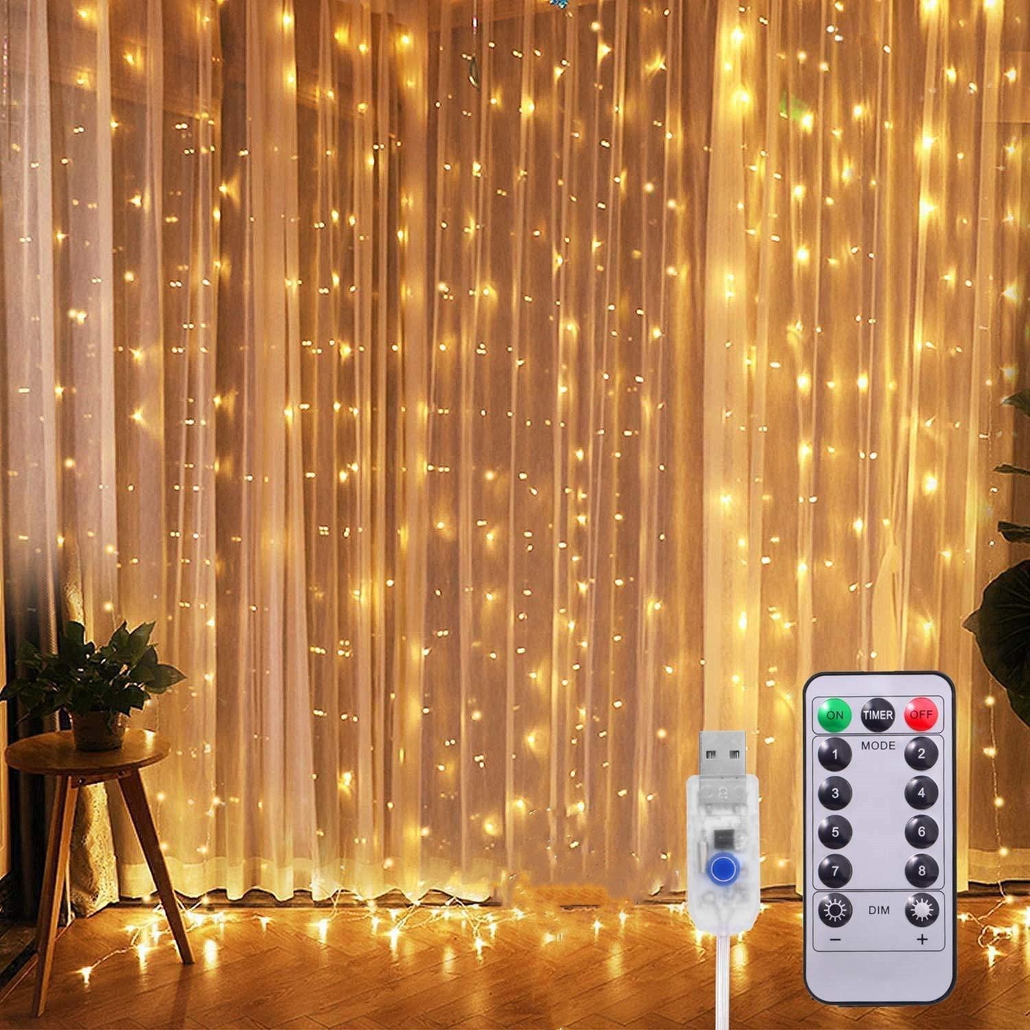 Fairy Curtain String Lights, 9.8 x 9.8 ft Curtain of String Lights with Remote Control, 300 LED Indoor Outdoor Decorative Christmas Twinkle Lights for Bedroom, Patio, Party Wedding(Warm White)
